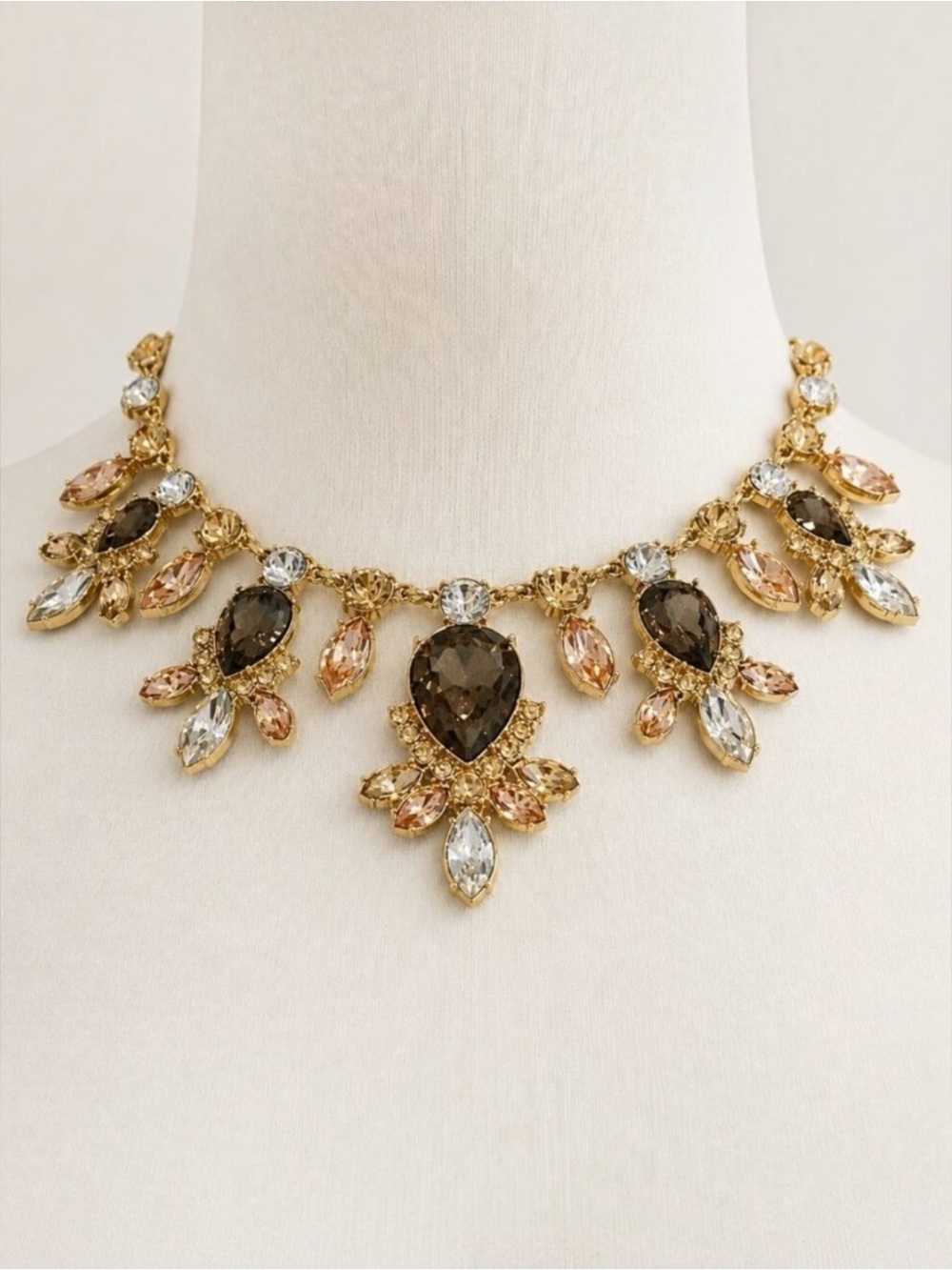 Vintage Gold Statement Necklace With Multicolored Crystal Accents Adjustable Cha